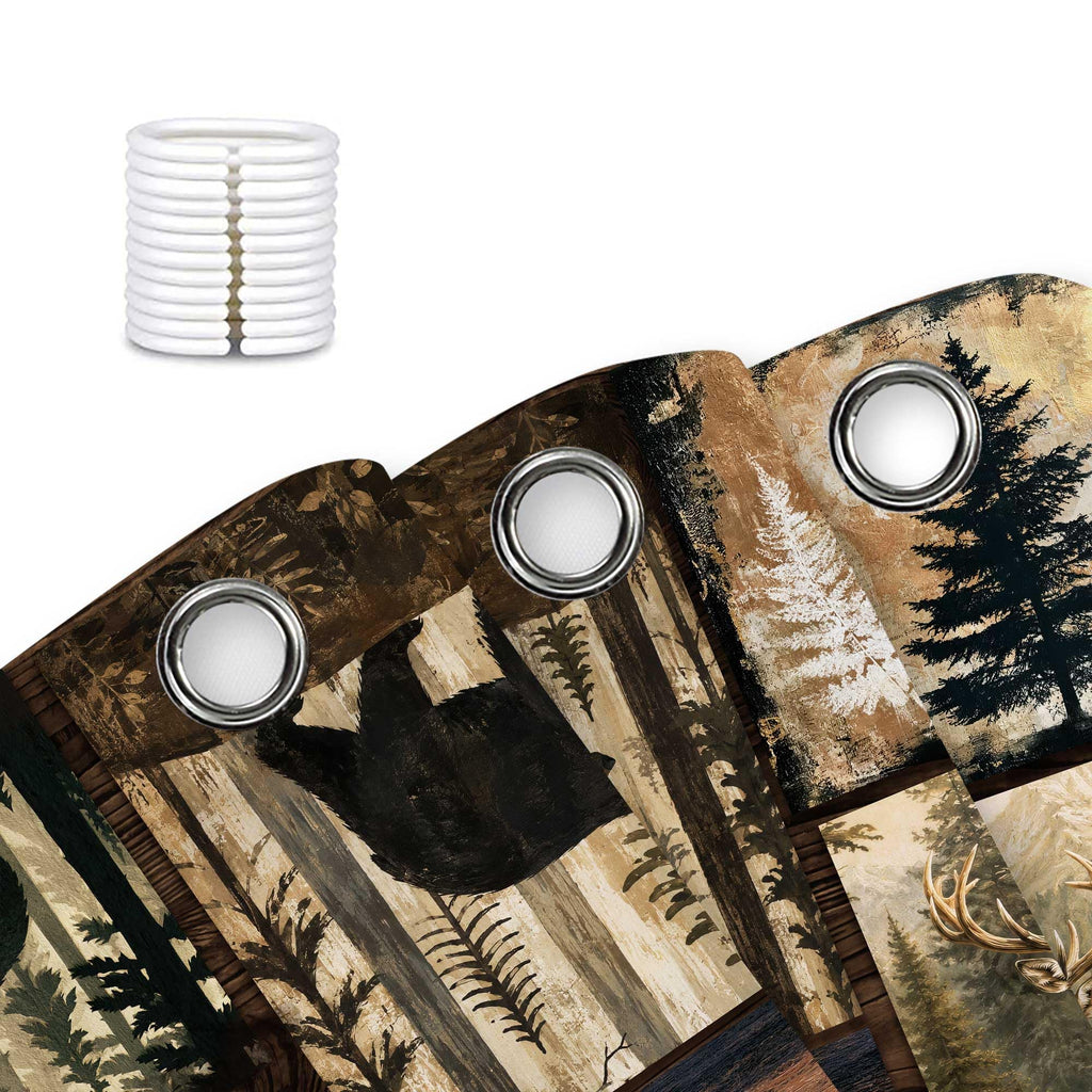 Rustic Cabin Bear Deer Pine Tree Print Vintage Woodland Lodge Bathroom Curtain Country Farmhouse Animal Paw Plaid