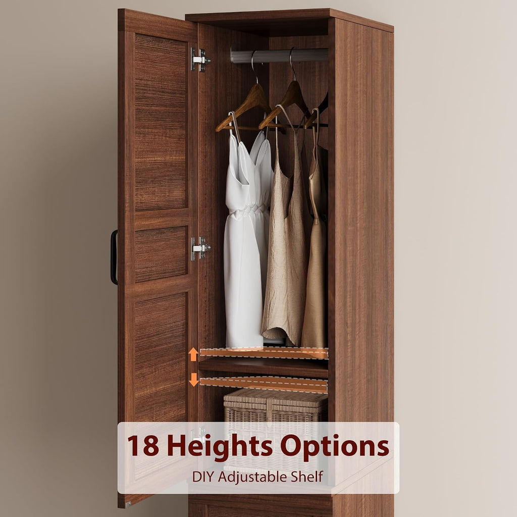 Heavy Duty Wooden Armoire Wardrobe Closet - 2 Doors, 72" Tall, Hanging Rod, 18 Adjustable Shelves, Narrow Bedroom