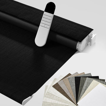 Motorized Roller Blind with Remote, No Drill Smart Roller Shades for Indoor Window, Blackout Linen Fabric