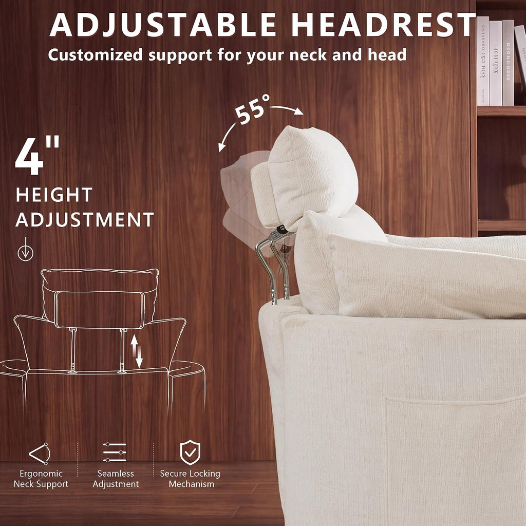 Chenille Nursery Rocking Chairs Recliner, Manual, White | 4" Height and 55° Angle Adjustable Headrest, 360° Silent