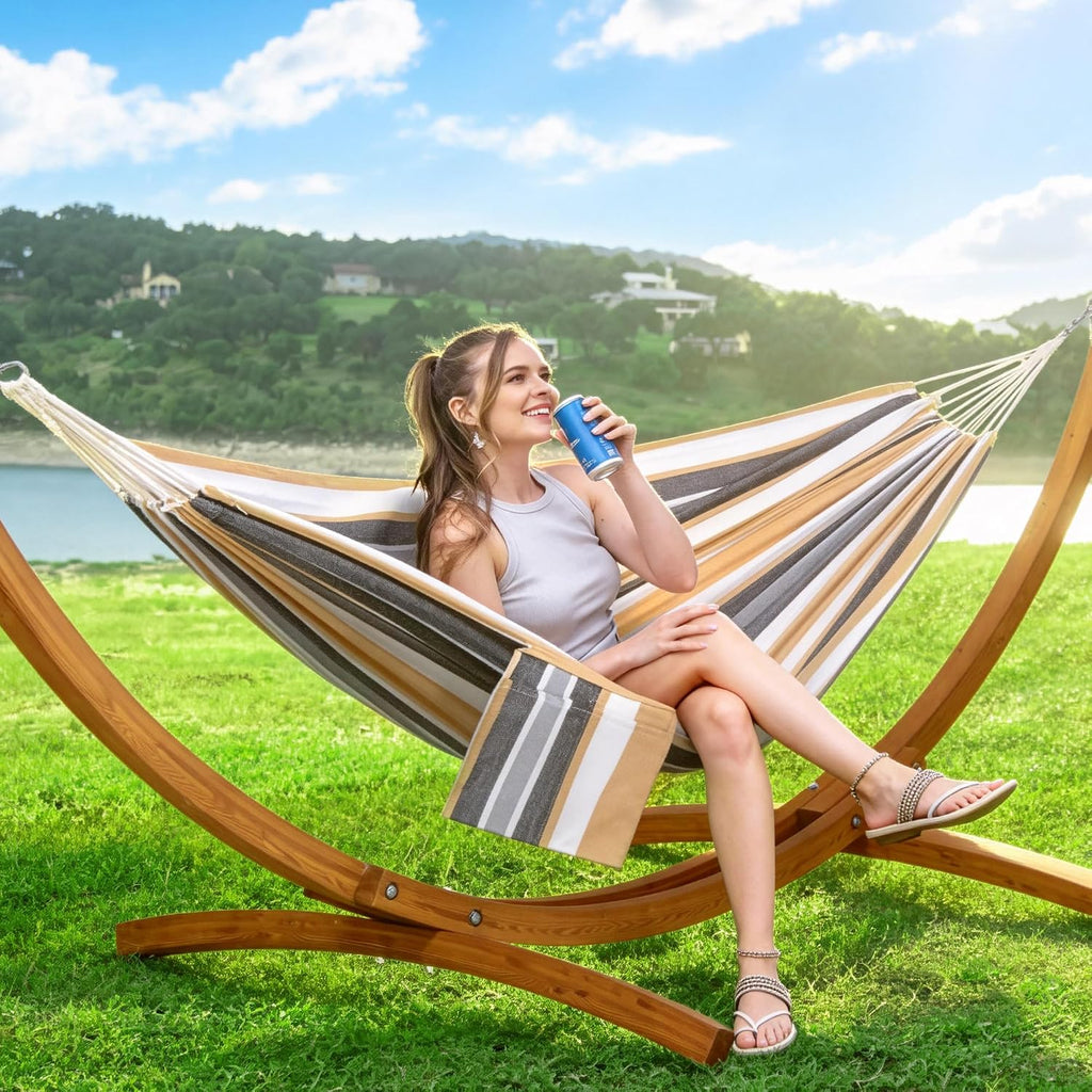 Freestanding Hammock with 10 ft Wooden Stand Included, Coffee | Stand Alone Hammock for Outside, 475 lbs Capacity
