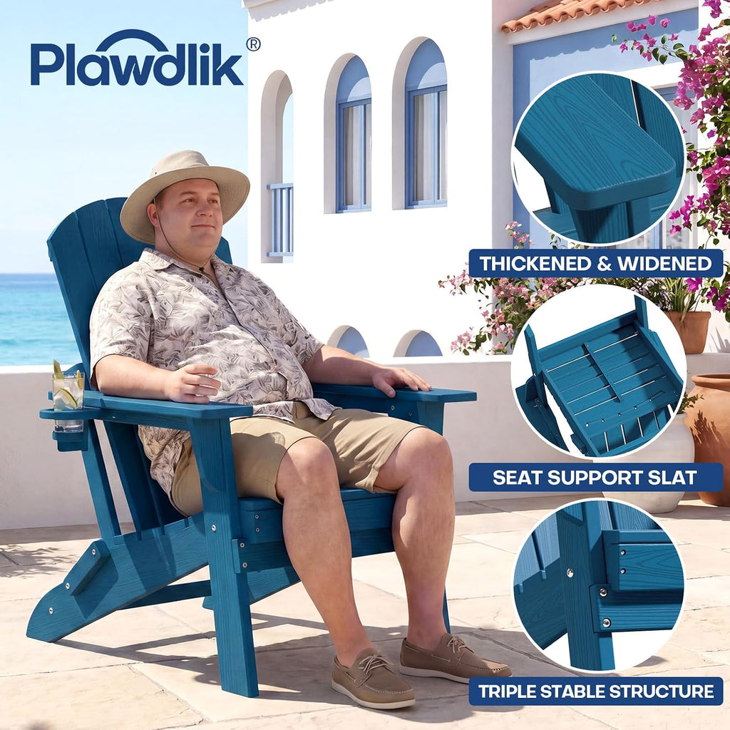 Folding Adirondack Chair with Cup Holder, HDPE All-Weather, Navy | SGS Tested, Faux Wooden Textured, Heavy