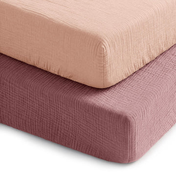 100% Muslin Crib Fitted Sheet 2 Pack, Mauve and Blush - 100% Cotton, Soft & Breathable Crib Sheets for Toddler
