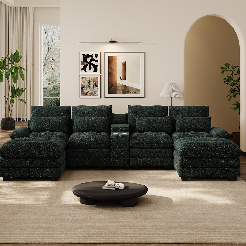 134" U-Shaped Shimmer Chenille Sectional Couch, Green