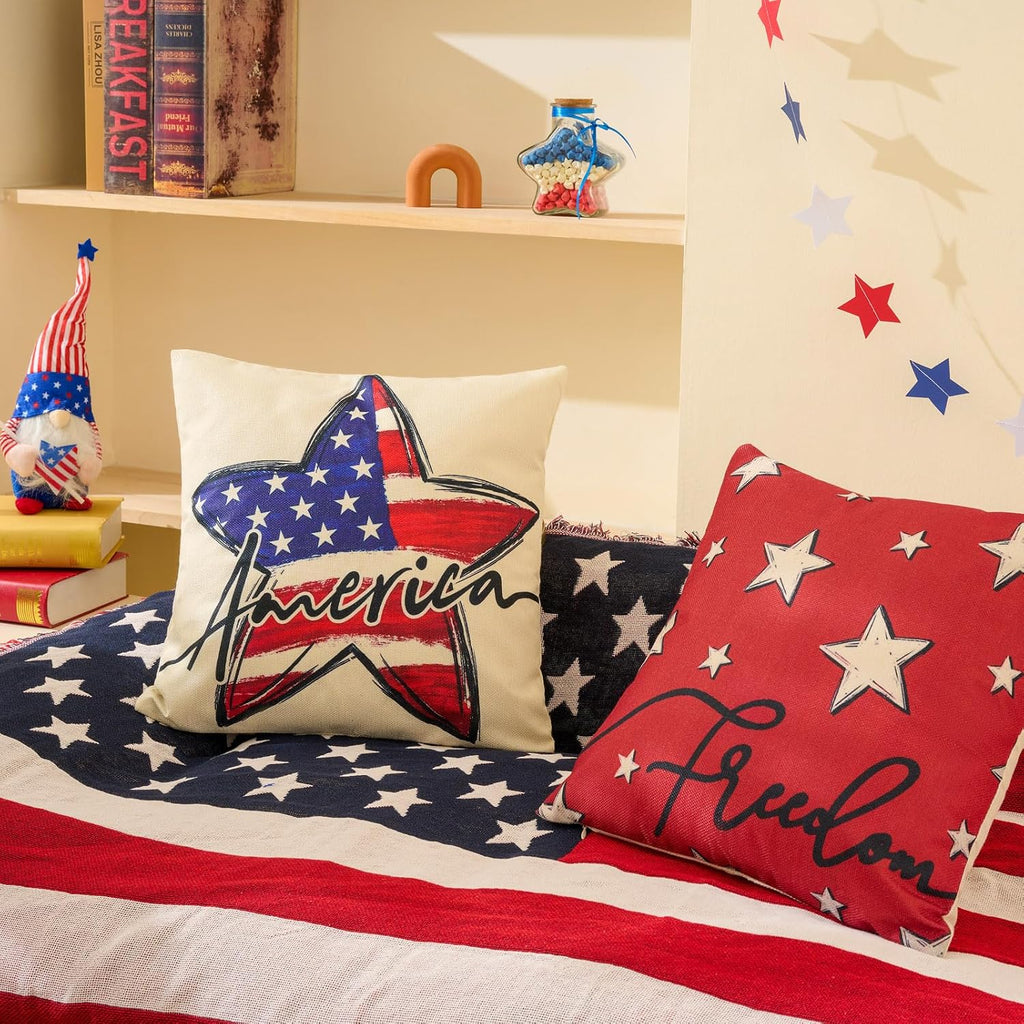 Patriotic Decor-Throw Pillow Covers 18x18 in Set of 4,4th of July Linen Pillow Case for Independence Day,Memorial