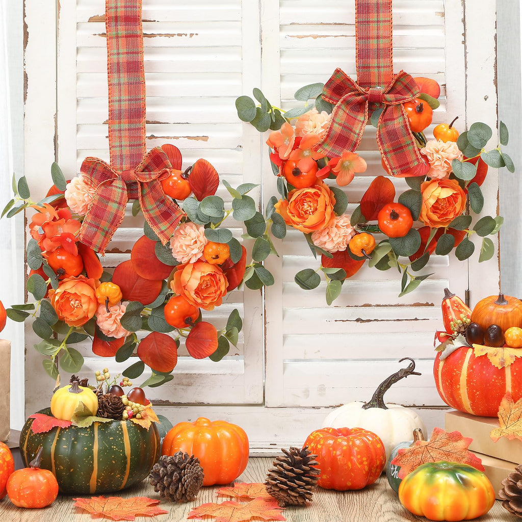 4 Pcs 9" Fall Mini Wreaths Pumpkin Eucalyptus Wreath