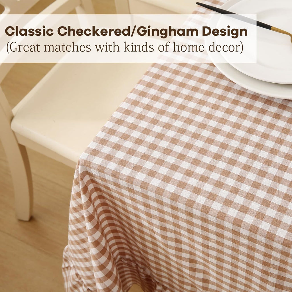 Taupe White Gingham Ruffled Table Cloth Rectangular for Seat 8-10, 100% Washed Cotton Buffet Cottage