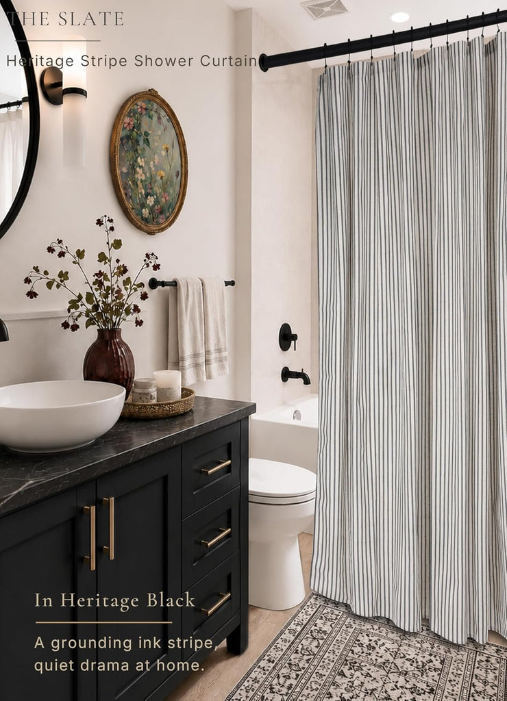 Farmhouse Striped Shower Curtain - 72x72 Inches, Linen Blend Fabric, Breathable & Machine Washable, Rustic Black