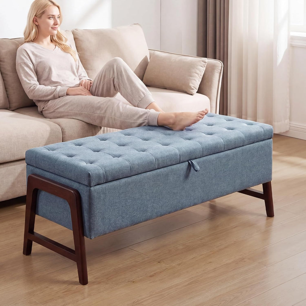 48" Storage Bench, End of Bed Bench with Button-Tufted, Upholstered Storage Ottoman Bench with Wooden Legs, Fabric