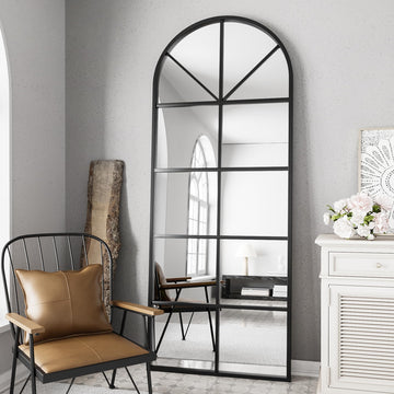 Floor Full Length Mirror, Arch Top Window Pane Mirror, 71"x32" Black