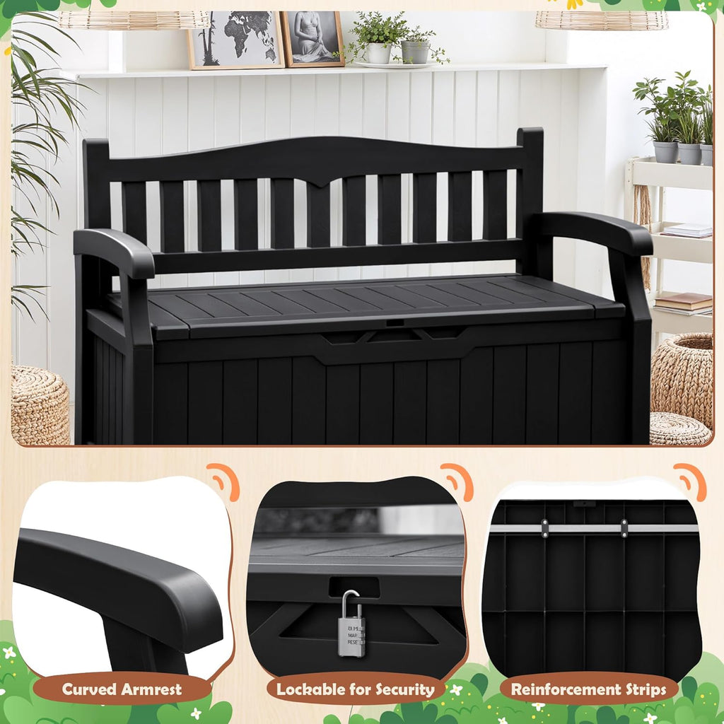 80 Gallon Resin Outdoor Storage Bench Waterproof | Large Deck Box with Armrest, Lockable&Waterproof for Garden, Home
