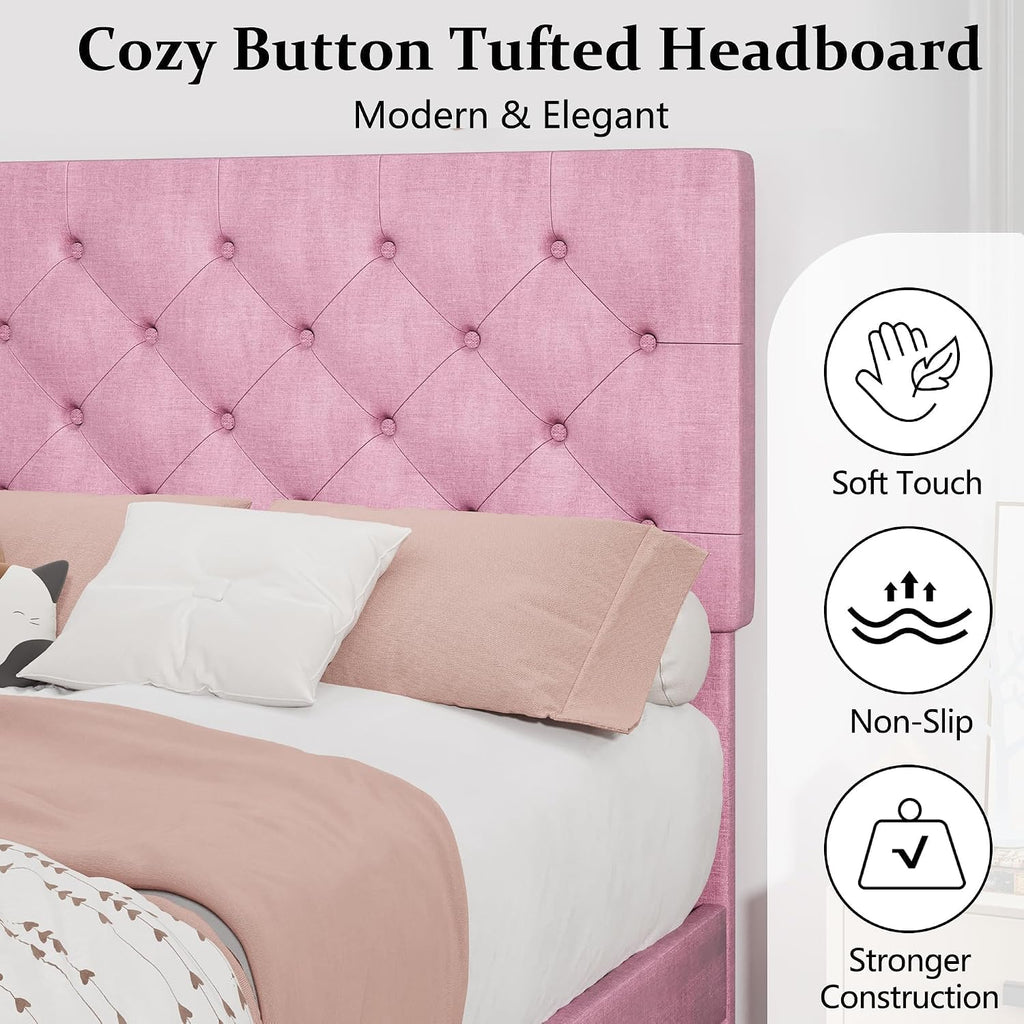 Kids Twin Upholstered Platform Bed with Tufted Headboard, Pink | No Box Spring Needed and Easy to Assemble for Kids'