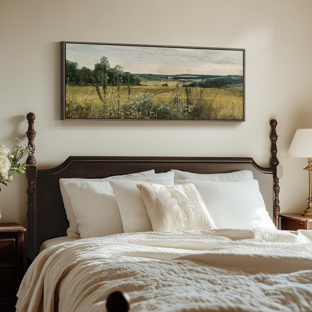 Extra Large Framed Landscape Rustic Wall Art , Vintage Scenery Canvas Artwork Prints, Countryside Vast Field