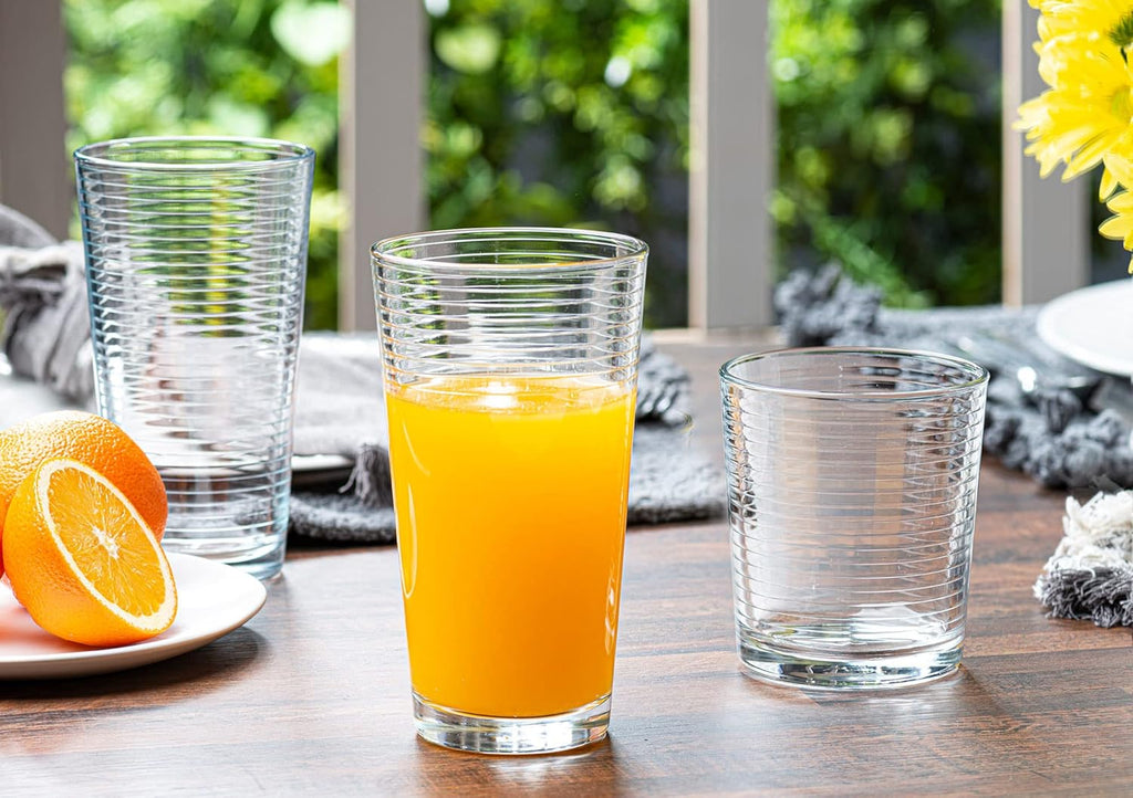 Set of 16 Heavy Base Ribbed Durable Drinking Glasses Includes 8 Cooler Glasses (17oz) and 8 Rocks Glasses (13oz)