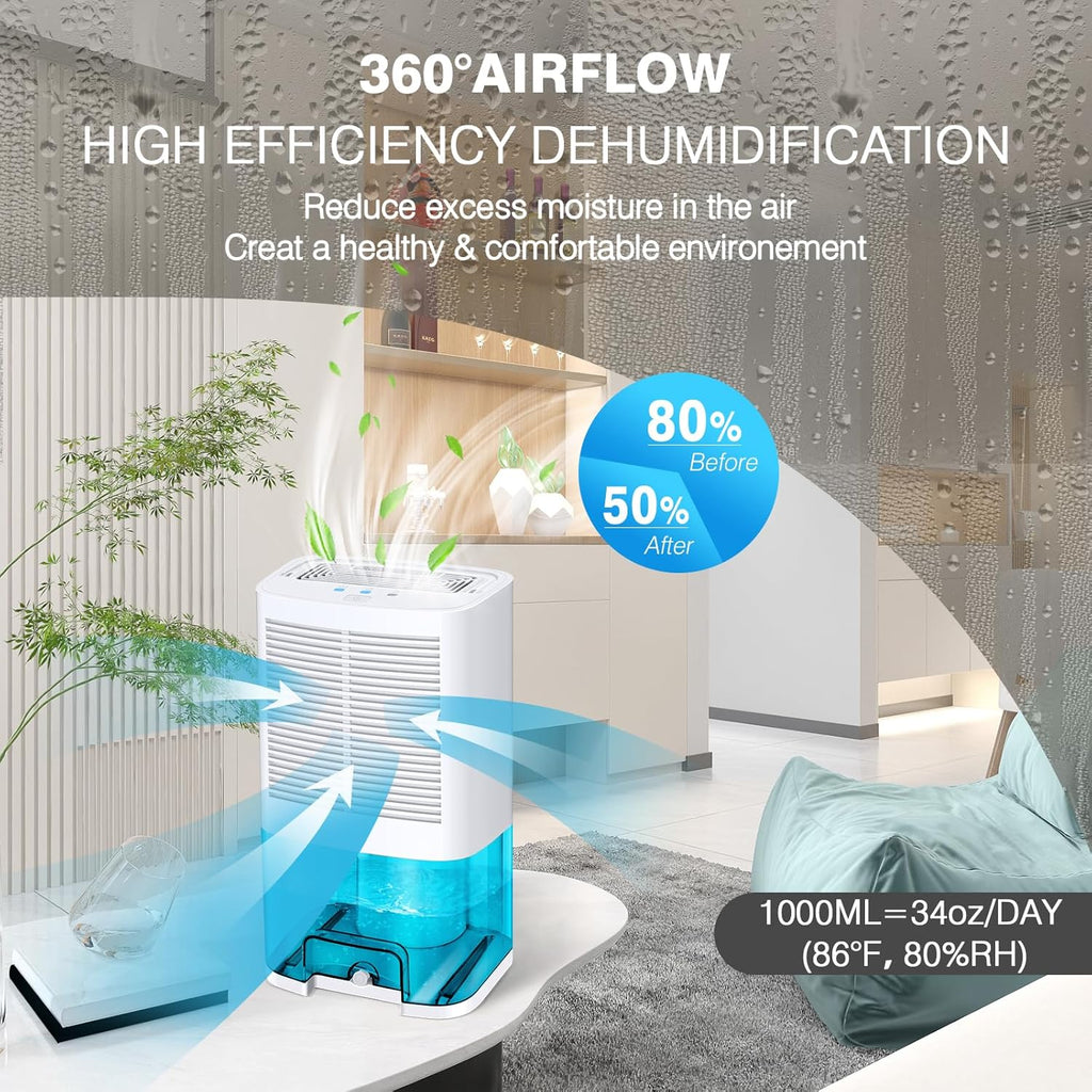 Dehumidifier 68oz(2000ml) Small Dehumidifier with Drain Hose for Up to 650 sq.ft Ultra Quiet Mini Portable Air for