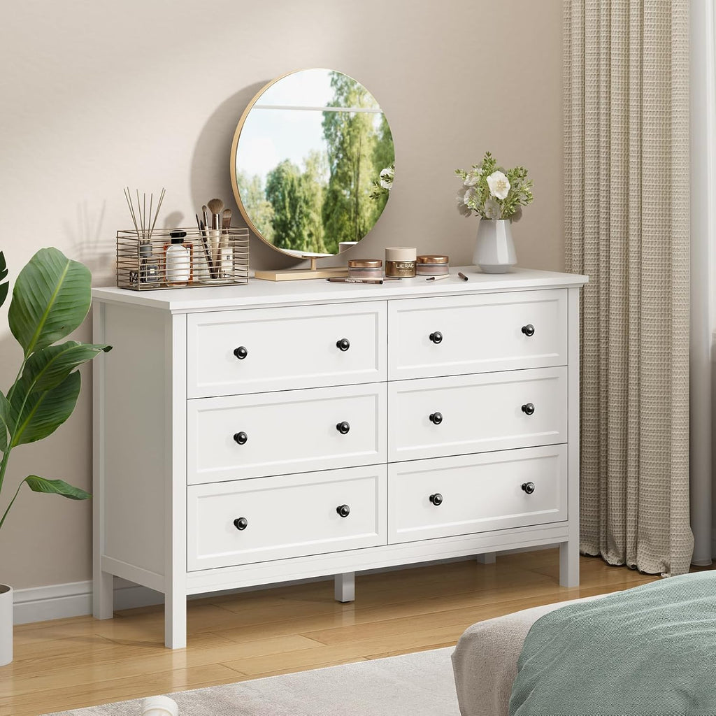 White Dresser , 6 Drawer Dresser with Wide Drawer and Metal Handles, Wood Dressers & Chests of Drawers .