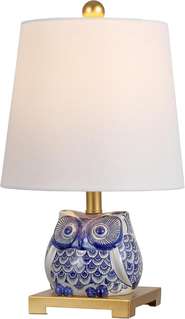 16" Blue/White Ceramic Owl Mini Table Lamp or Office, Modern Farmhouse Nightstand Lamp with White Li