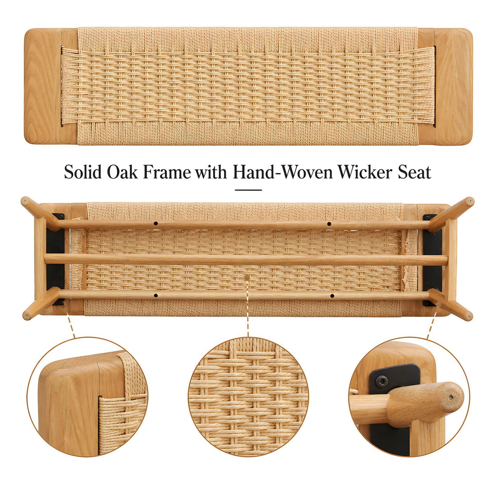 47 Inch Dining Bench, Solid Oak with Rattan Seat