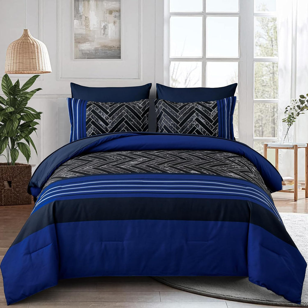 Luxudecor Blue Comforter Set King, 7 Pieces Stripe Geometric Bed in a Bag, Geometric Comforter and Sheet Set