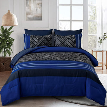 Blue Comforter Set, 7 Pieces Stripe Geometric Bed in a Bag, Geometric Comforter and Sheet Set