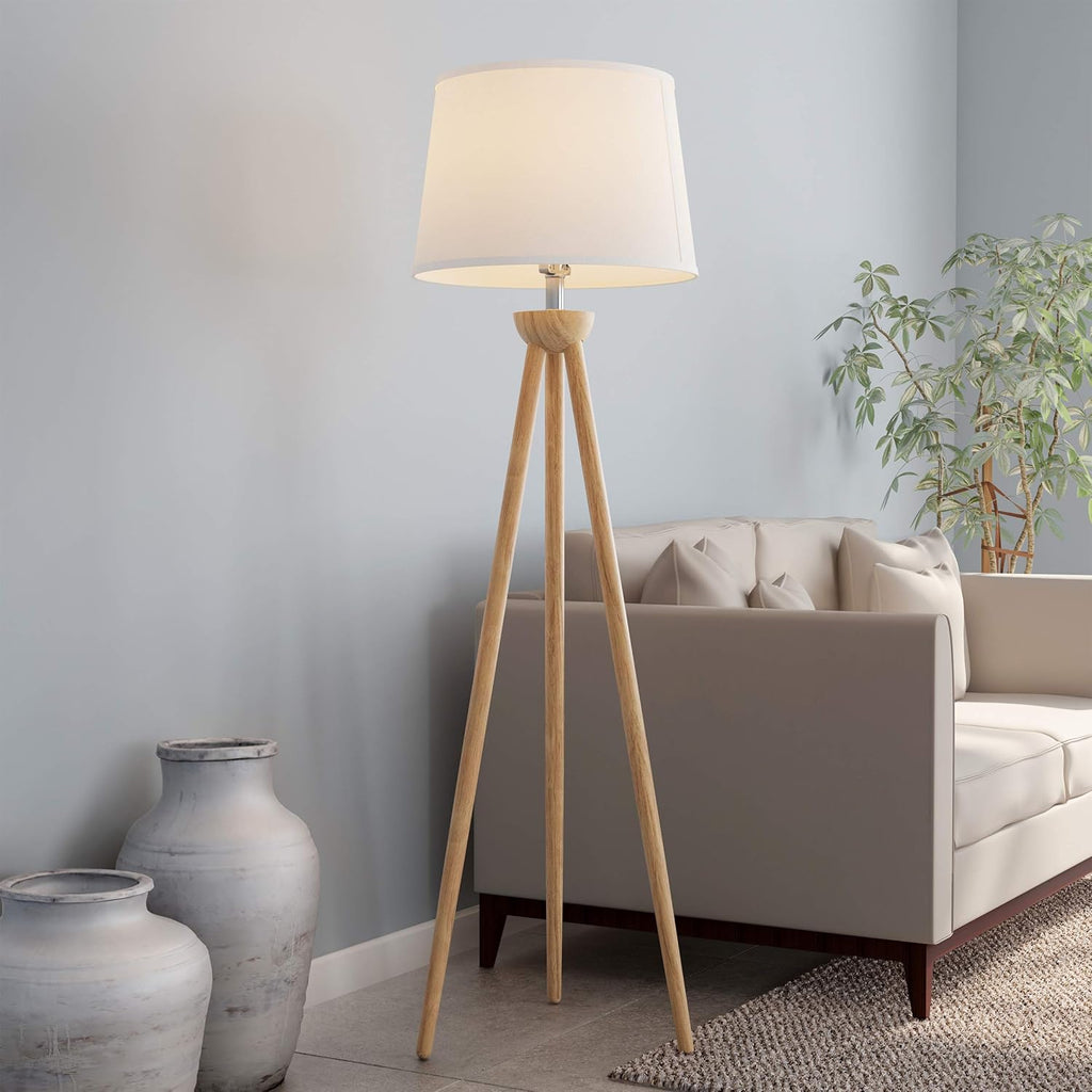 Tripod Floor Lamp - Mid-Century Modern Décor Light with LED Bulb and Natural Oak Wood Base