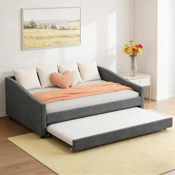 Full Size Upholstered Daybed with Trundle | Twin Size Trundle,Button-Tufted Back, Piping on Waved-Shape Arms, Solid