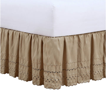 Ideas Ruffled Eyelet Bed Skirt Dust Ruffle with Gathered Styling and Embroidered Details, 14" Drop Length, Twin, Mocha
