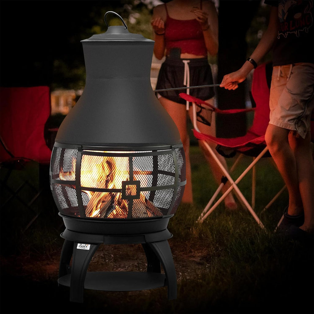 Fire Pit Wood Burning Chiminea Outside Fireplace Patio Small Firepit, Size 17.7" W x 35.6" H, Brown-Black