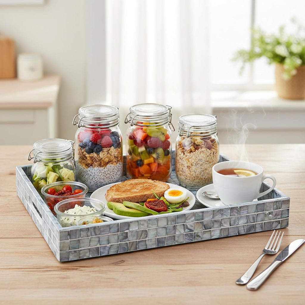 Rectangular Mother of Pearl Serving Tray Nacre Wood Lap Ottoman Tray for Coffee Table, Luxury Decorative Eating