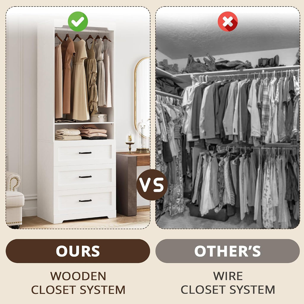 Freestanding Closet System with Adjustable Shelves & 3 Drawers | Closet Organizer with Hanging Rod, Ideal s