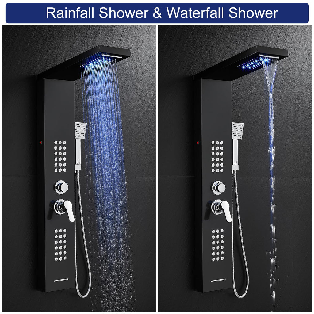 5 in 1 LED Rainfall Waterfall Shower Panel Tower System, Black