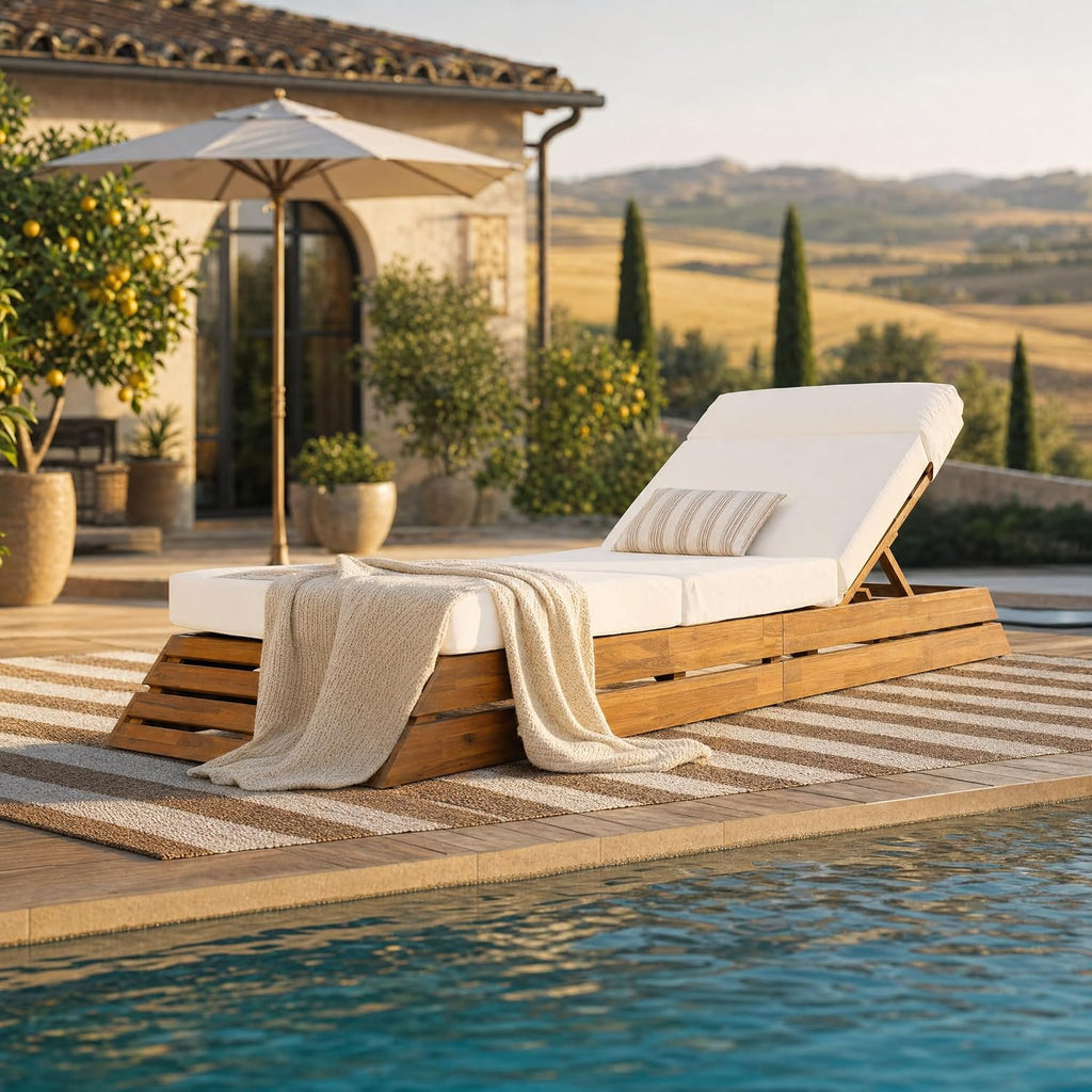 Acacia Wood Chaise Lounge Chair Outdoor with 4-Fold Cushion, Poolside Sun Lounger Recliner, Patio Chaise Lounge