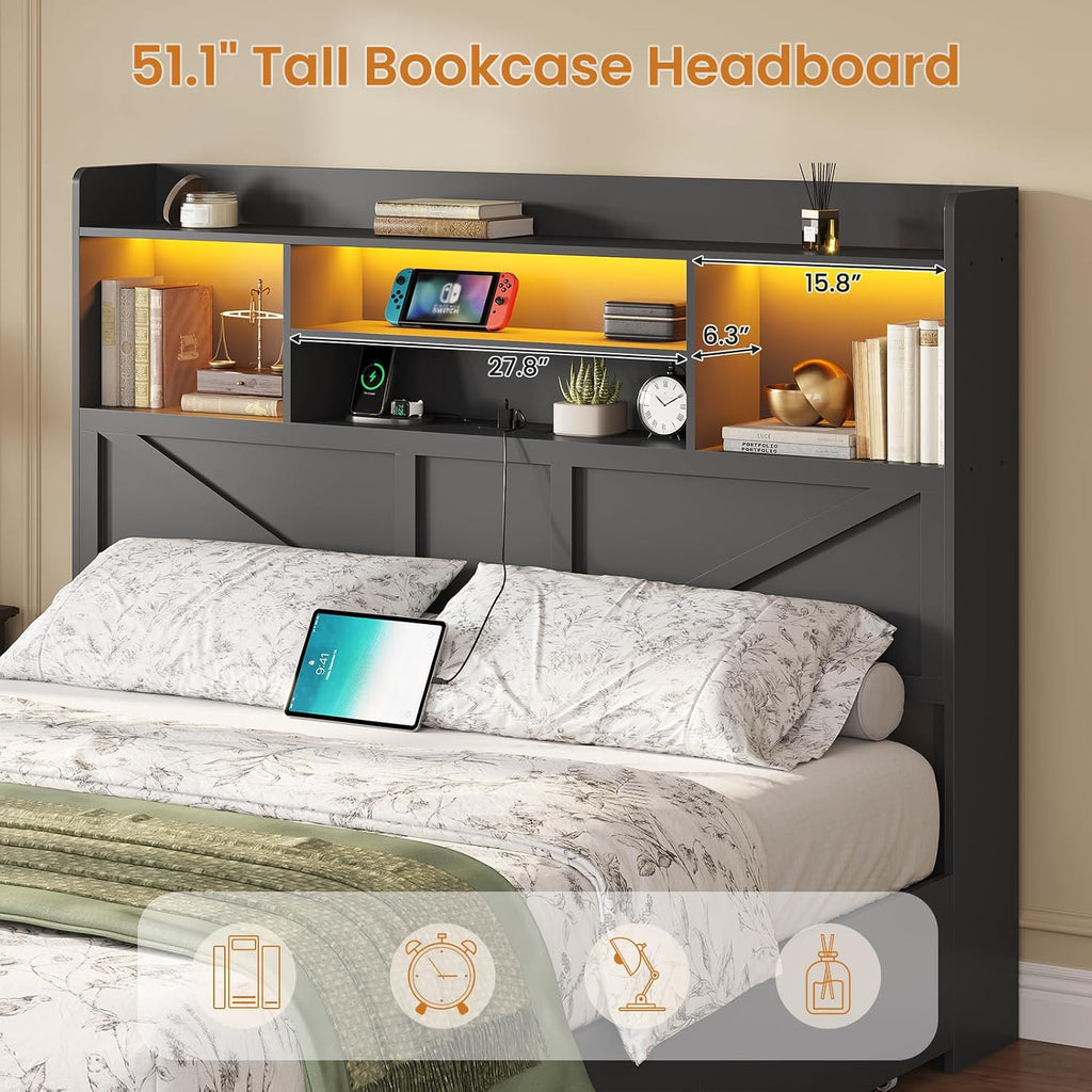 Queen Bed Frame with 6 Storage Drawers, Farmhouse Bed Frame Queen with Bookcase Headboard, LED Lights & Charging