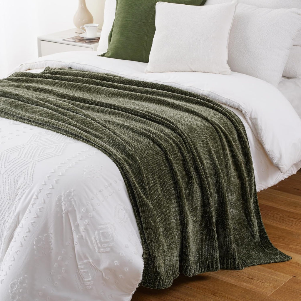 Olive Green Chenille Throw Blanket, Cozy Knit Throw Blanket, Super Soft Warm Green Blankets Chenille Blankets, 51"x67"
