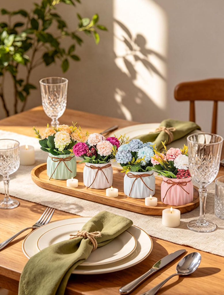 Hydrangea Artificial Flowers in Vase for Table, 4 Pcs, 5.9 Inch | 4 Colors, Small Ceramic Vase with Flowers, Cute