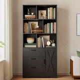 Bookshelf, 70.9 Inch Tall Bookcase, Black Book Shelf with Doors and 3 Drawers, 3-Tier Bookshelves with 6 Open Cubes