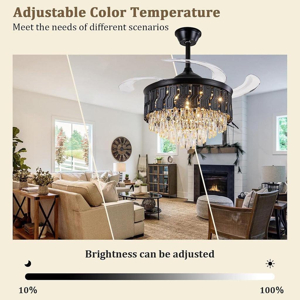 42" Black Crystal Ceiling Fan Chandelier, Retractable Fandelier
