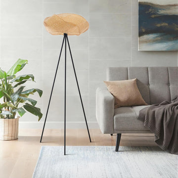 Bamboo Tripod Floor Lamp, Handwoven Lotus Shade Standing Lamp, Boho Natural Woven Light with Black M