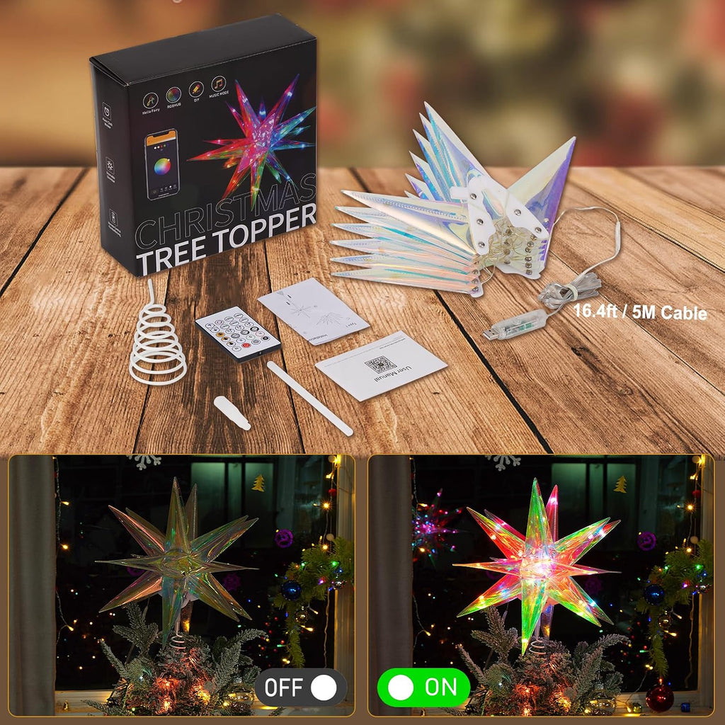 Christmas Star Tree Topper, 13.8" Xmas Smart Tree Decorations, Crystal-Like 3D Polygonal Shell, App Control LED