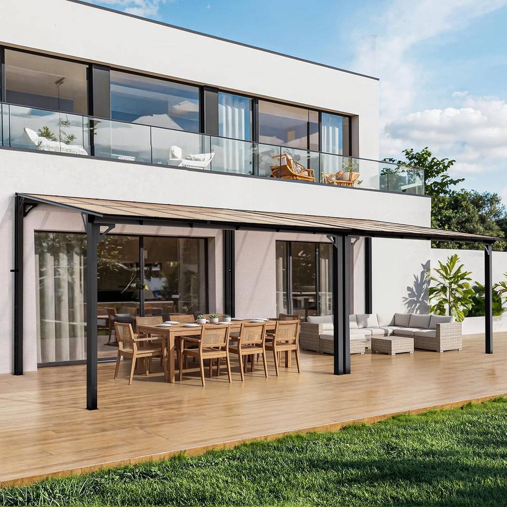 10x24FT Wall Mounted Gazebo, Hardtop Lean to Gazebo with Aluminum Frame & UV Resistant Polycarbonate Roof
