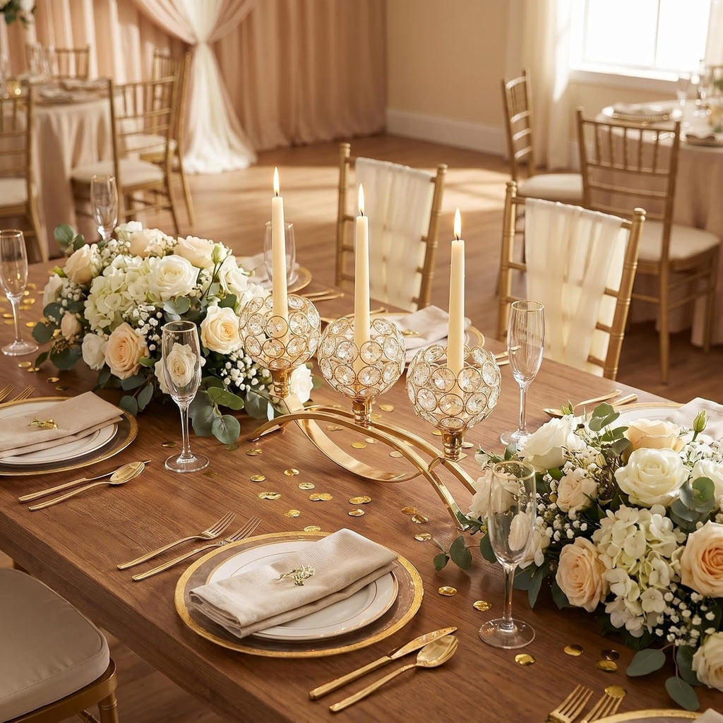 3-Arm Arched Crystal Candelabra, Gold Candle Holder Table Centerpiece, Dining, Party, Thanksgiving & Christmas