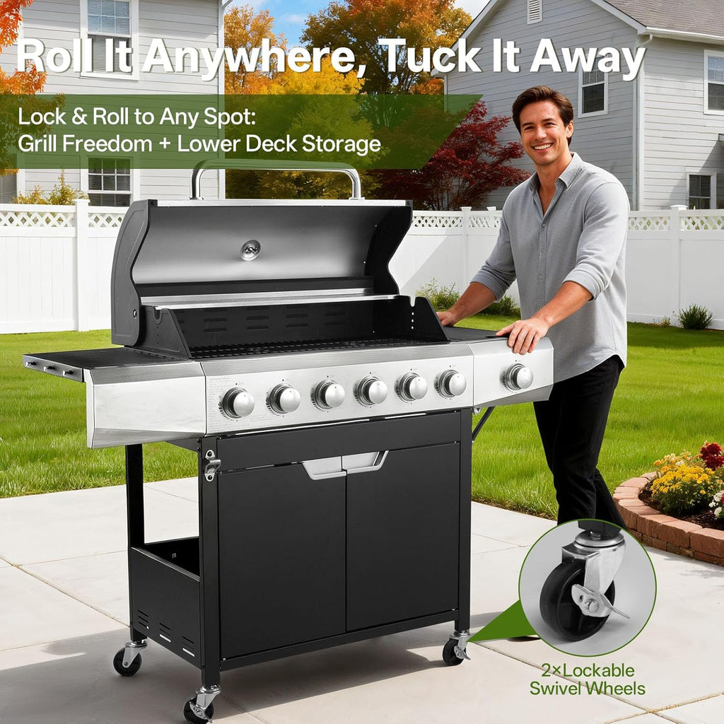 6-Burner Propane Gas Grill, 68,500 BTU Stainless Steel BBQ Grill with Side Burner, Porcelain Grates & Wheels for Patio and Backyard