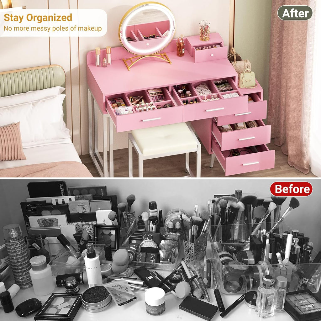 Pink Vanity Desk with Mirror and Lights, Modern Makeup Vanity Table Set with 6 Storage Drawers and Cushioned Stool