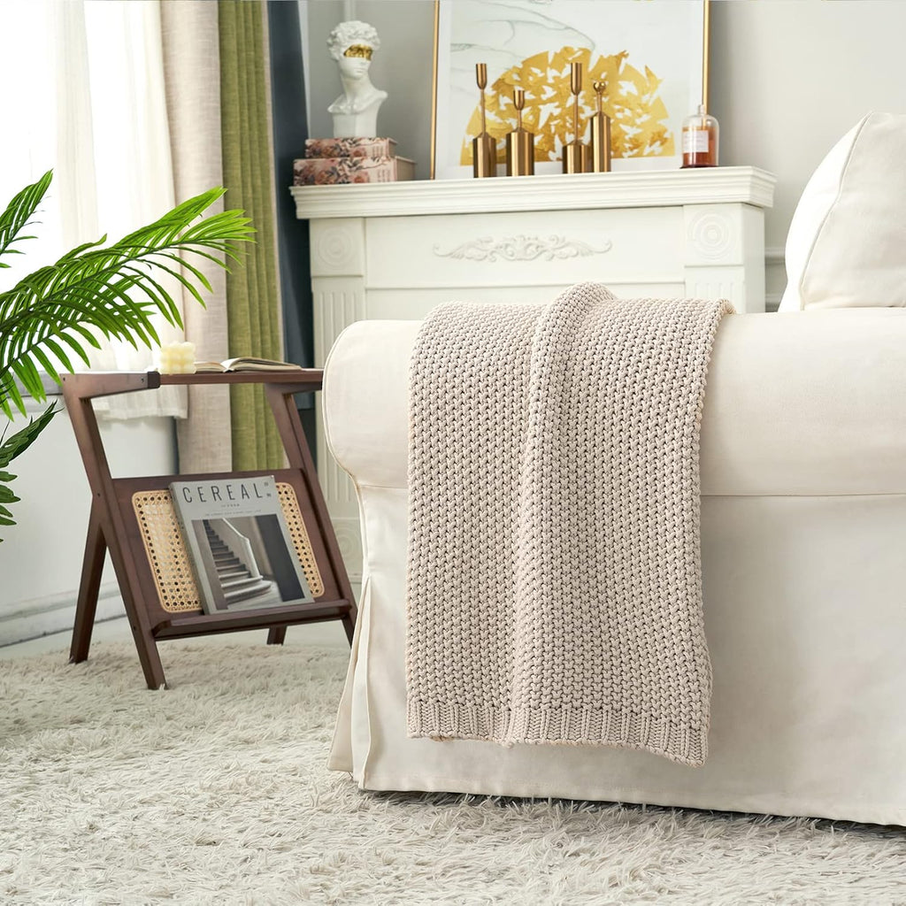 Chunky Cable Knit Throw Blanket Lightweight Beige 100% Organic Cotton Blanket, Rustic Shabby Chic Modern Farmhouse