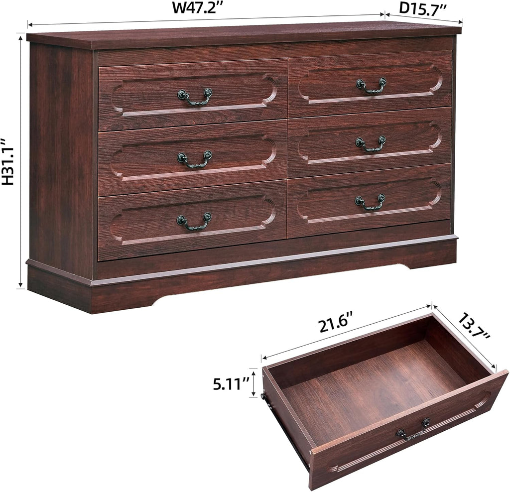 6 Drawer Dresser Cherry Bedroom Dresser 47.2" Wide Wood Cabinet | Farmhouse Wood Chest of Drawers , Modern Rustic
