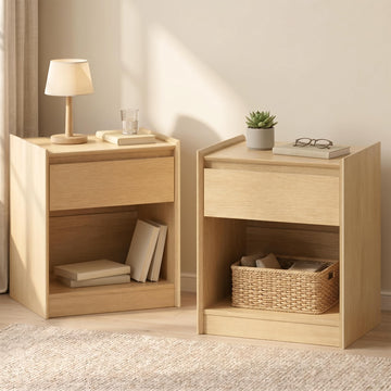 Natural Oak Nightstand Set of 2, 24"H Drawer & Shelf End Tables