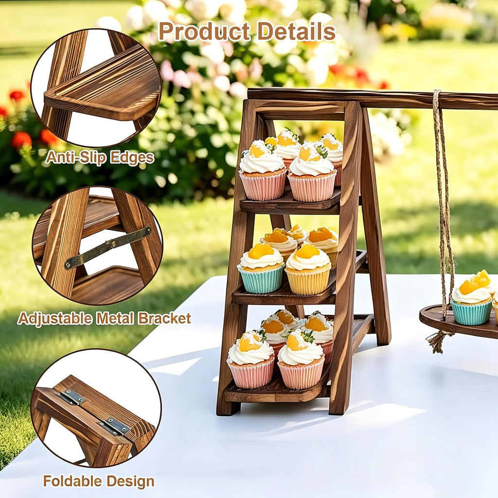 3 Tier Swing Wooden Cupcake Stand, Foldable Removable Serving Platter Tray | Rustic Party Food Display Stand, Dessert