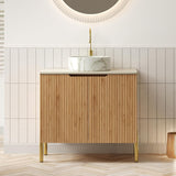 30-Inch Bathroom Vanity with Sink, Freestanding Modern Cabinet with Ceramic Basin, Soft-Closing Double Doors, Travertine-Pattern Sintered Stone Countertop, Natural Wood Finish