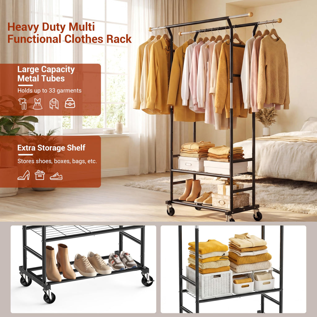 Clothes Rack with 3-Level Height Adjustment - Double Rod Extendable Hanging Rails with Wooden Finials, Luxury 2-Tier