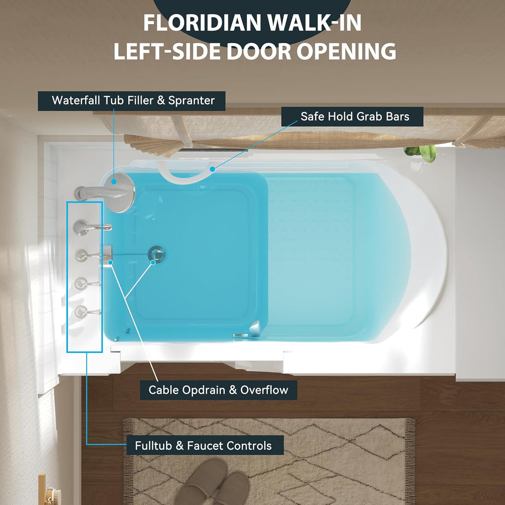 Floridian 55" x 33" Walk-in Bathtub with Left-Side Door Opening and Quick Fill and Drain System, Rectangular Soaking